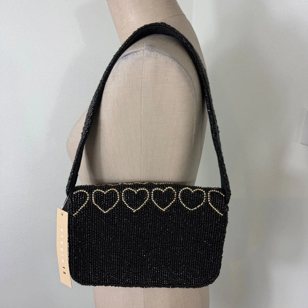 New Handcrafted Black Gold Beaded Heart Shoulder Bag Evening Purse‎ NWT